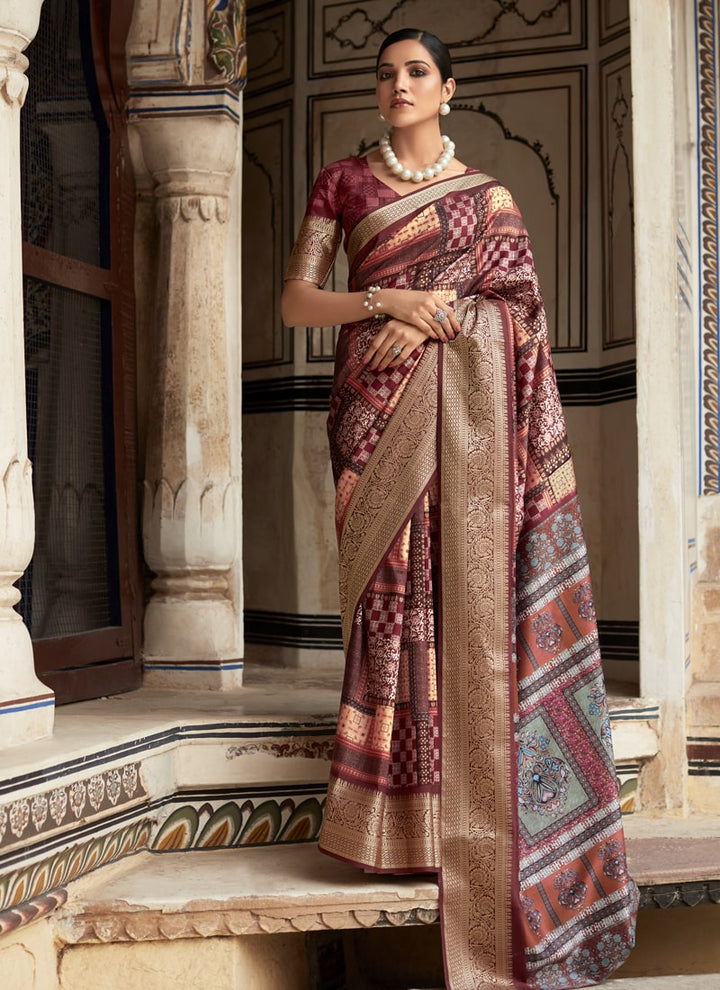 Lassya Fashion Wine Topclass Print Partywear Viscose Dola Silk Saree