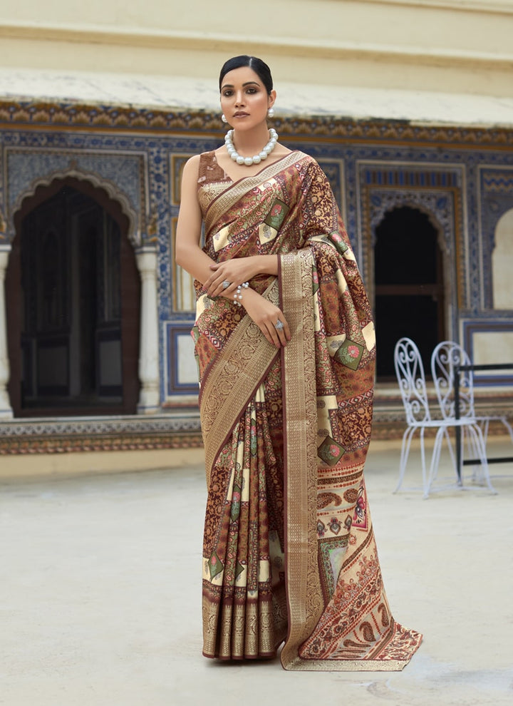 Lassya Fashion Otter Brown Topclass Print Partywear Viscose Dola Silk Saree