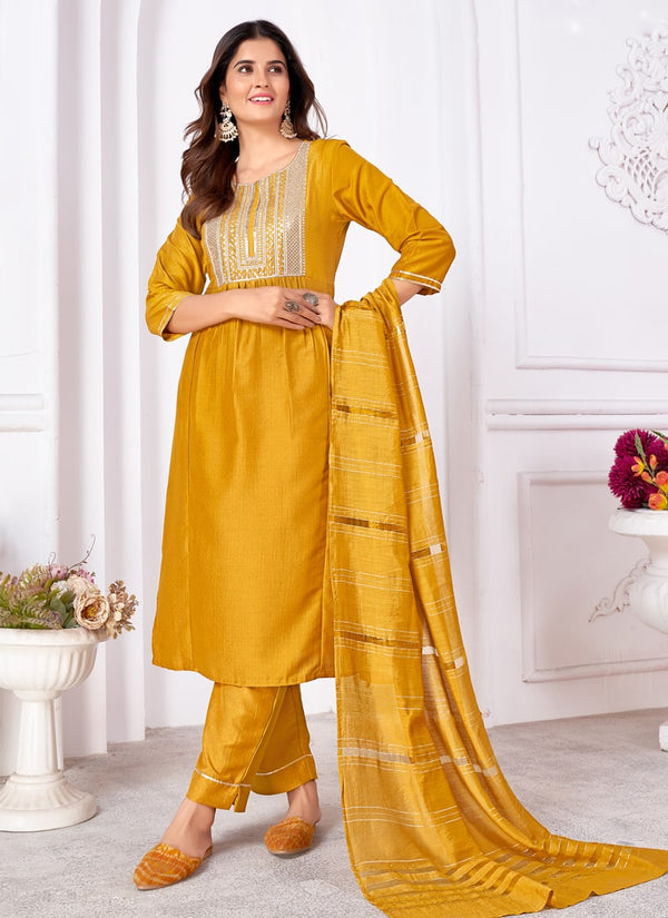 Lassya Fashion Yellow Vertical Silk Salwar Suit with Heavy Sequence Embroidery