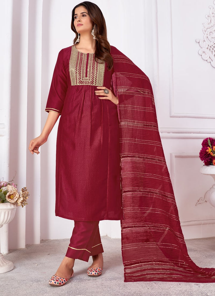 Lassya Fashion Apple Red Vertical Silk Salwar Suit with Heavy Sequence Embroidery
