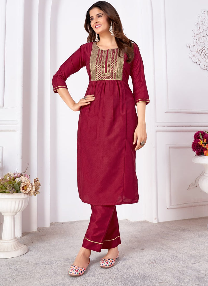 Lassya Fashion Ruby Red Vertical Silk Salwar Suit with Heavy Sequence Embroidery