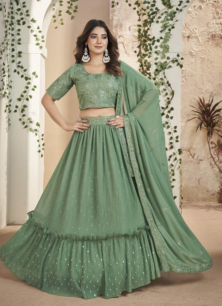 Lassya Fashion Artichoke Green Thread and Sequins Embroidered Designer Lehenga Set