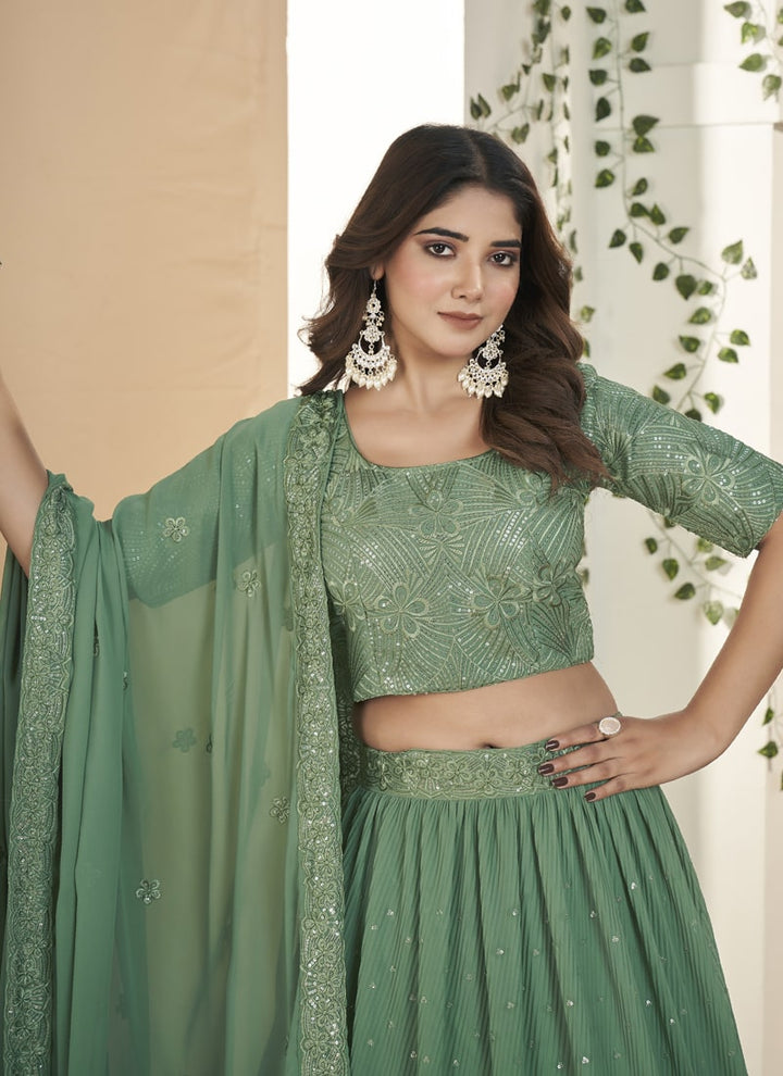 Lassya Fashion Artichoke Green Thread and Sequins Embroidered Designer Lehenga Set