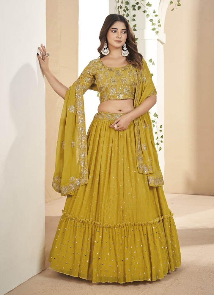 Lassya Fashion Mustard Yellow Thread and Sequins Embroidered Designer Lehenga Set