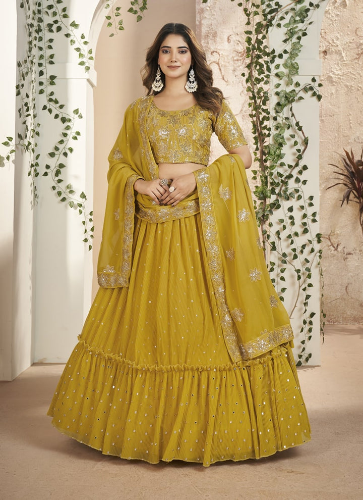 Lassya Fashion Mustard Yellow Thread and Sequins Embroidered Designer Lehenga Set