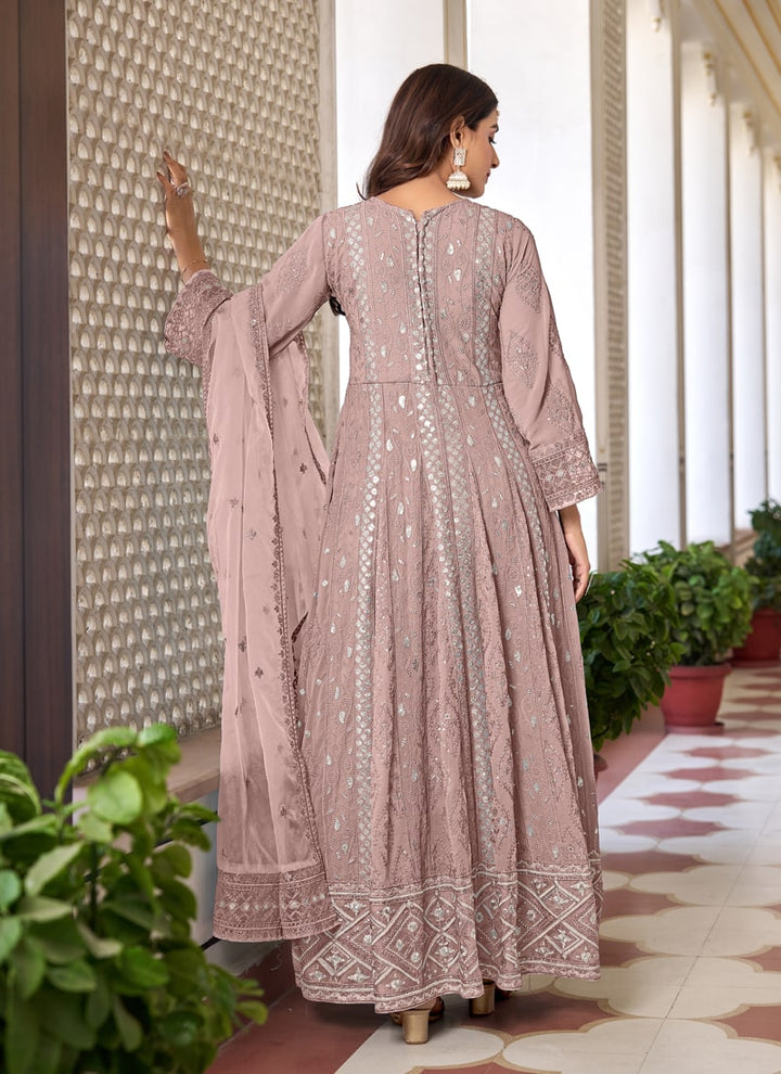 Dusty Pink Designer Anarkali Front Slit Suit Set with Heavy Faux Georgette
