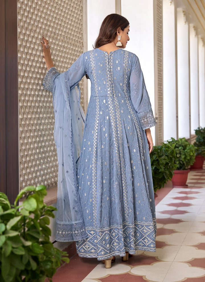 Cerulean Blue Designer Anarkali Front Slit Suit Set with Heavy Faux Georgette