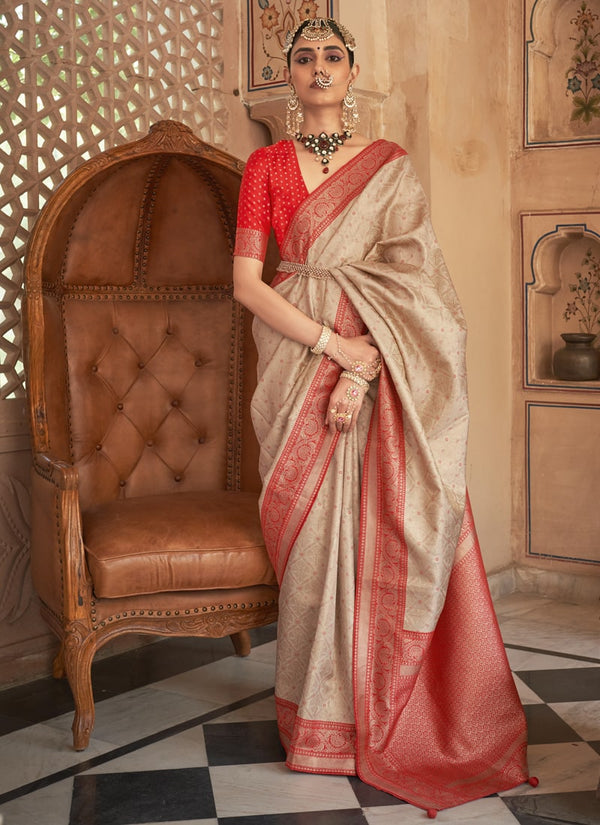 Dark Vanilla Silk Banarasi Brocade Saree with Traditional Zari Weaving