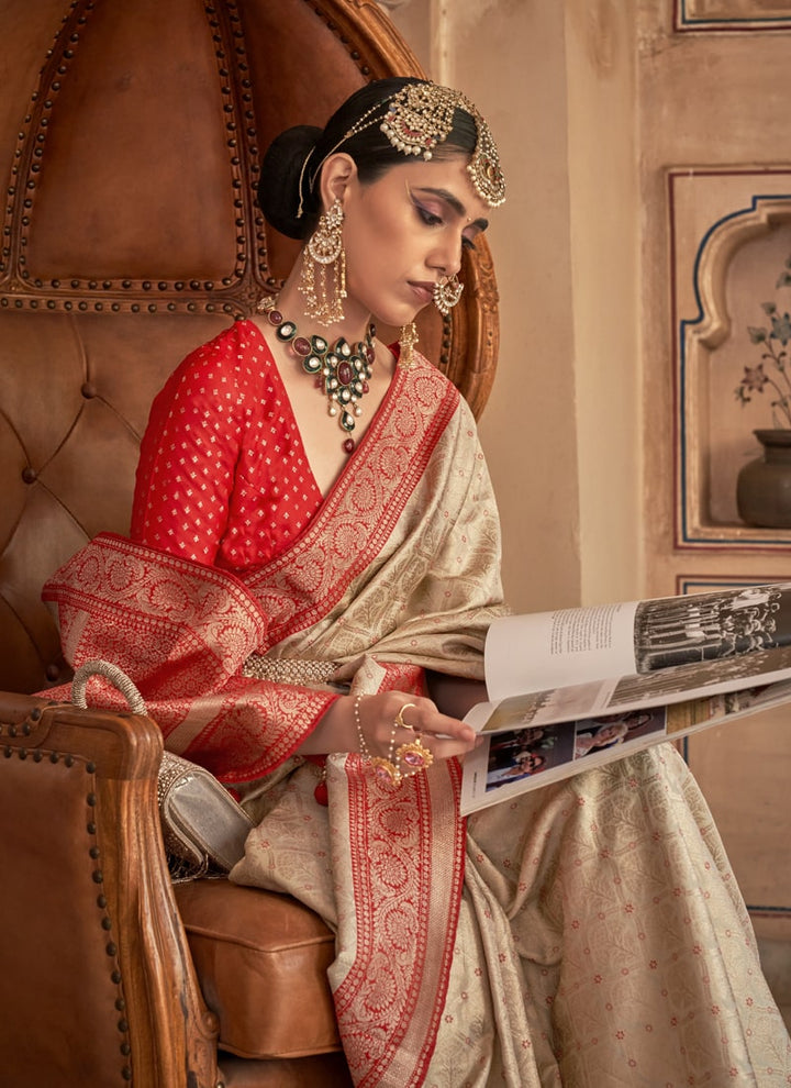 Dark Vanilla Silk Banarasi Brocade Saree with Traditional Zari Weaving