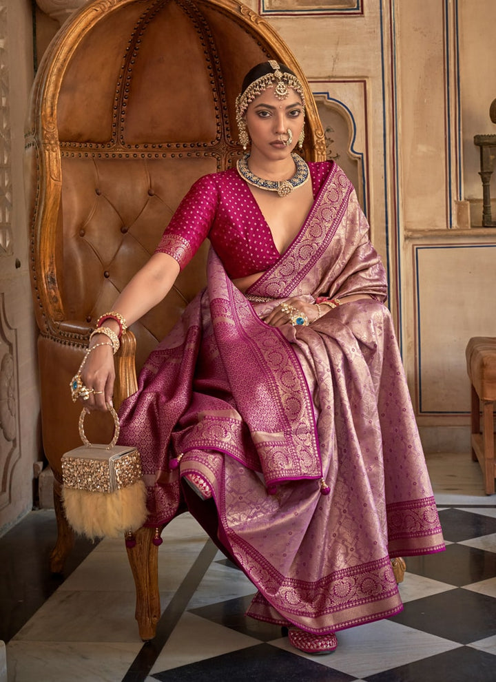 French Wine Silk Banarasi Brocade Saree with Traditional Zari Weaving