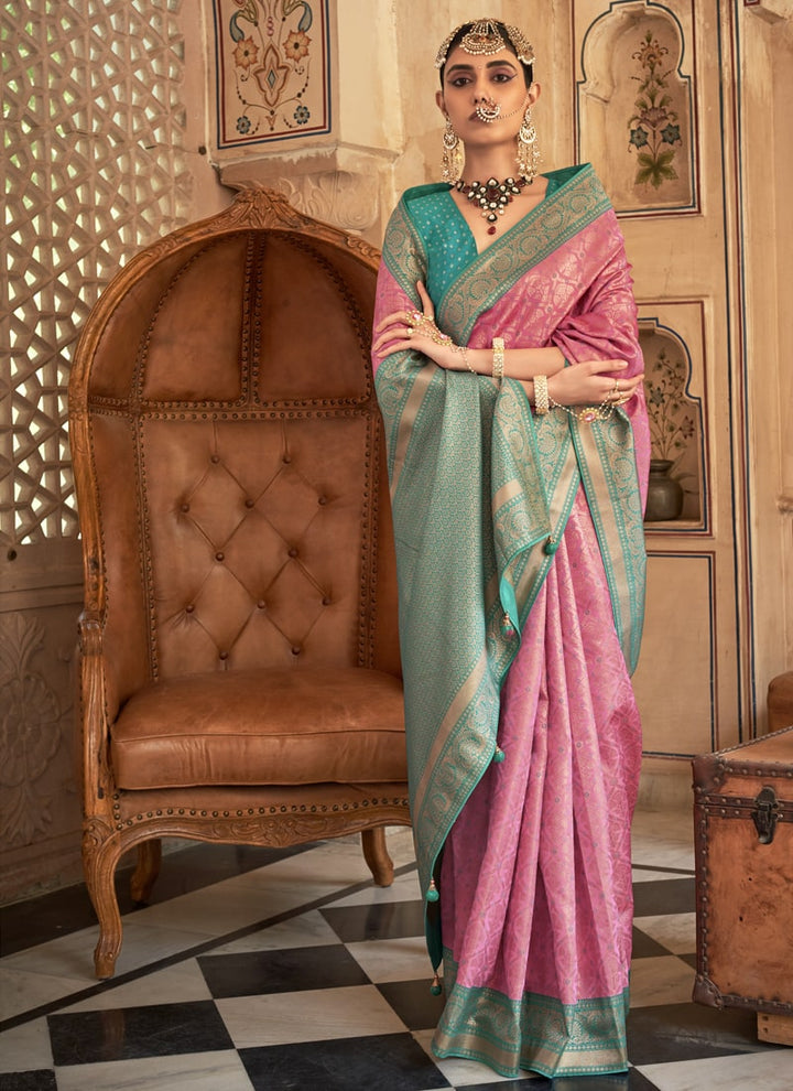 Blush Pink Silk Banarasi Brocade Saree with Traditional Zari Weaving