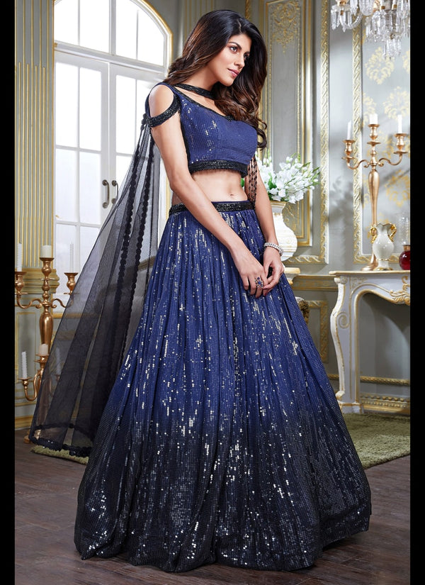 Navy Blue Enchanting Sequence Embellished Lehenga Set with Handcrafted Details