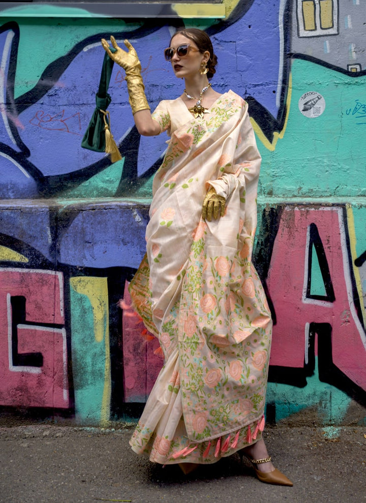 Light Peach Artisanal Silk Saree with Parsi Weaving and Handwoven Elegance