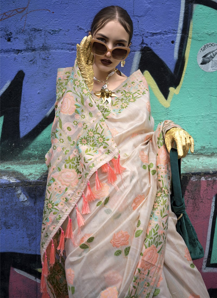 Light Peach Artisanal Silk Saree with Parsi Weaving and Handwoven Elegance