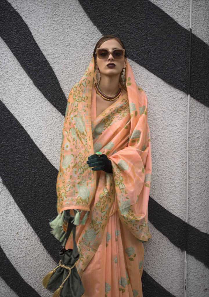 Orange Peach Artisanal Silk Saree with Parsi Weaving and Handwoven Elegance
