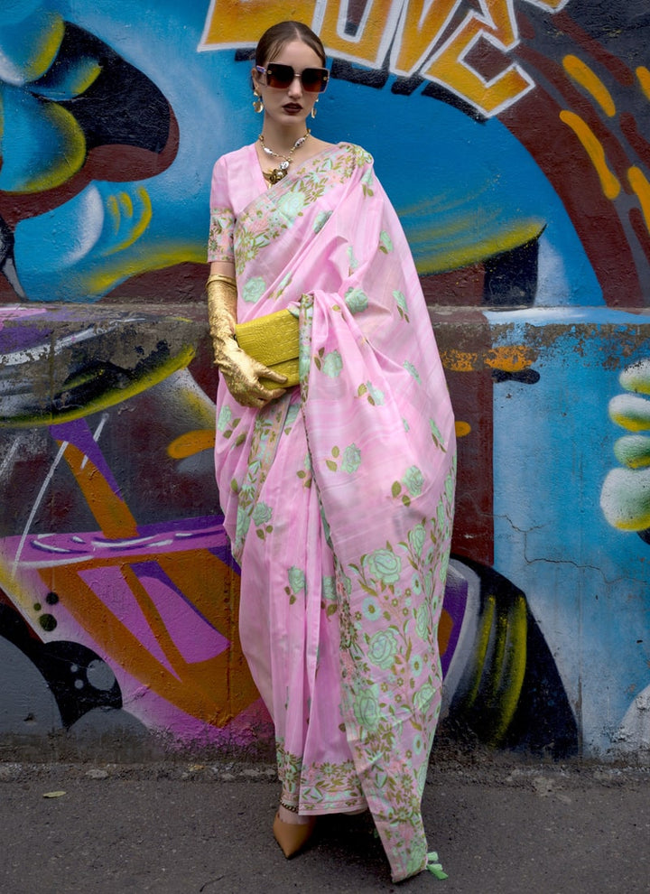 Light Pink Artisanal Silk Saree with Parsi Weaving and Handwoven Elegance