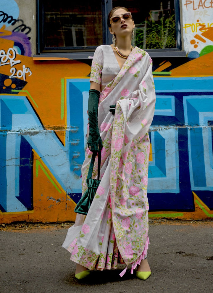 Grey Artisanal Silk Saree with Parsi Weaving and Handwoven Elegance