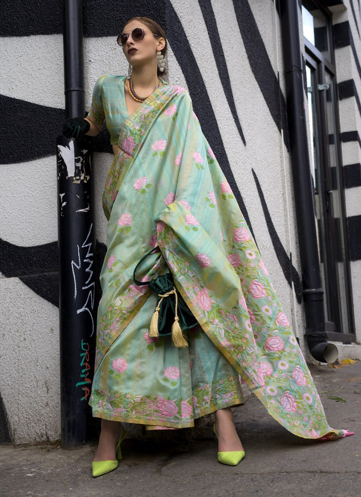 Pista Green Artisanal Silk Saree with Parsi Weaving and Handwoven Elegance