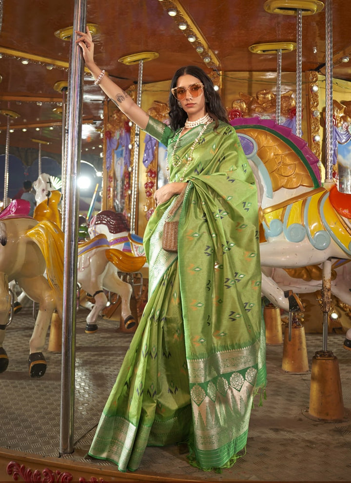 Lime Green Tassels Silk Saree with Handwoven Contrast Pallu Border
