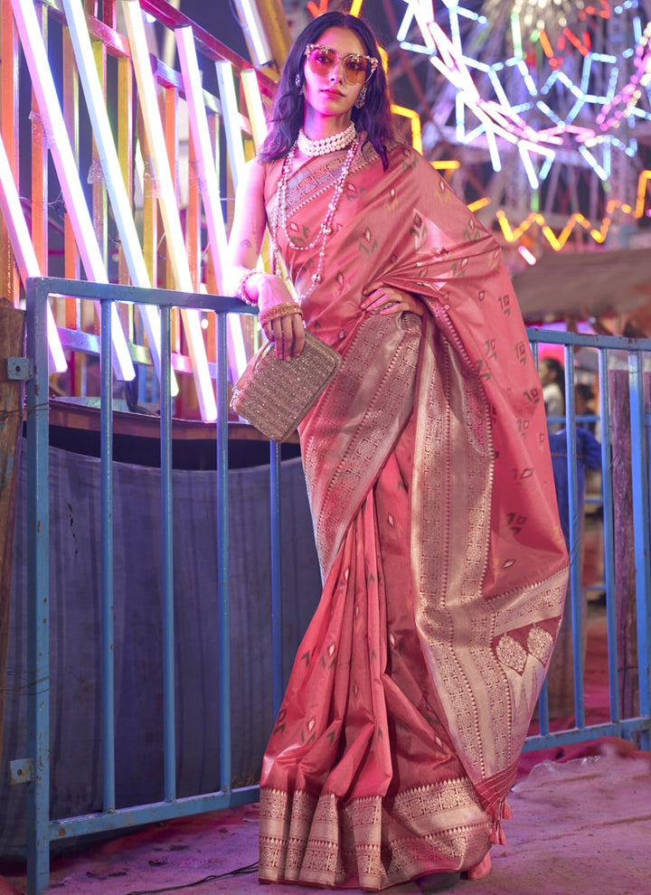Baby Pink Tassels Silk Saree with Handwoven Contrast Pallu Border