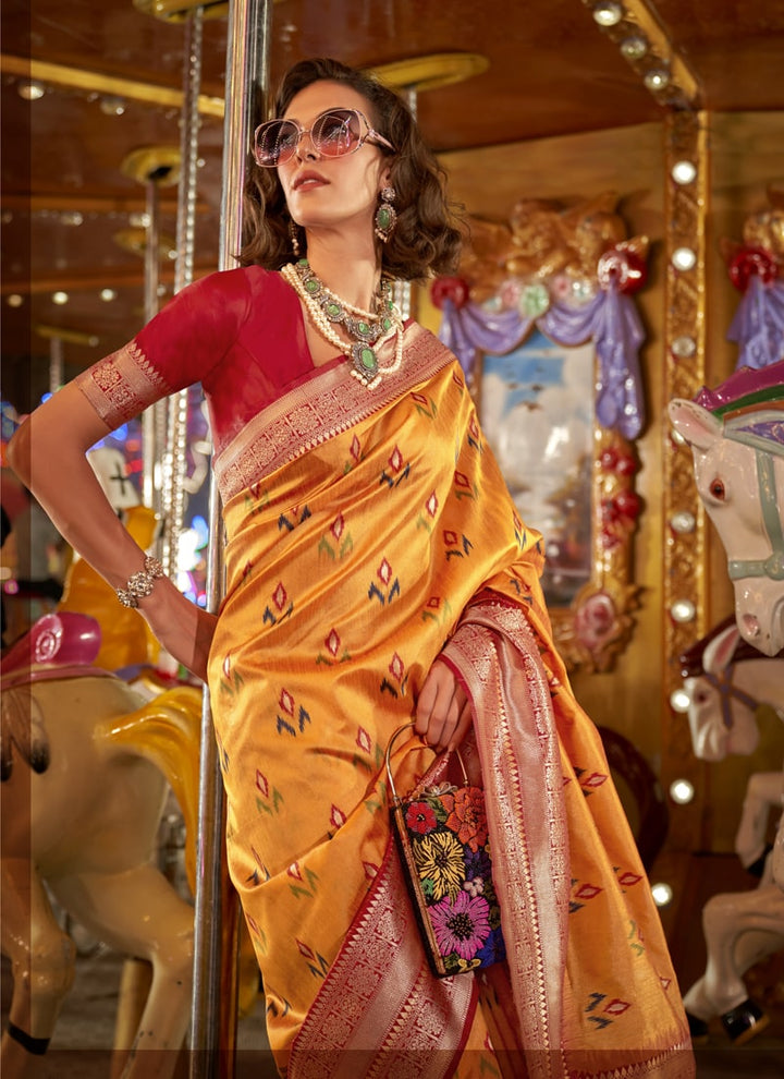 Deep Saffron Tassels Silk Saree with Handwoven Contrast Pallu Border