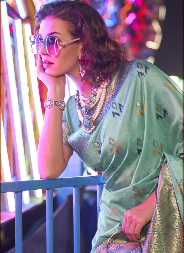 Laurel Green Tassels Silk Saree with Handwoven Contrast Pallu Border