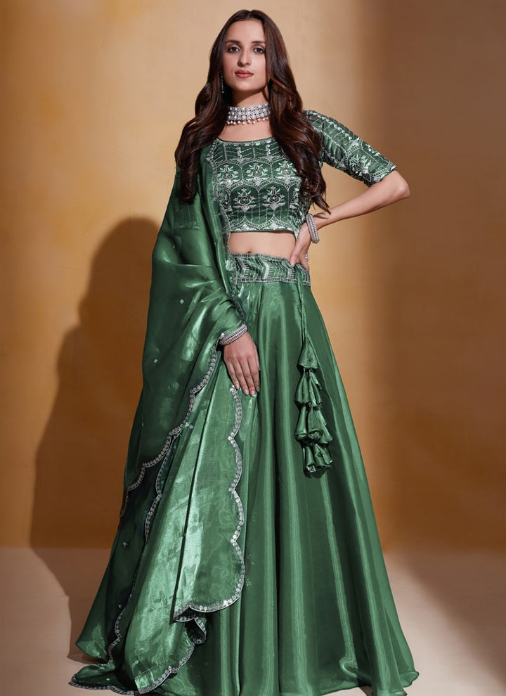 Bottle Green Elegant Organza Silk Wedding Lehenga Set