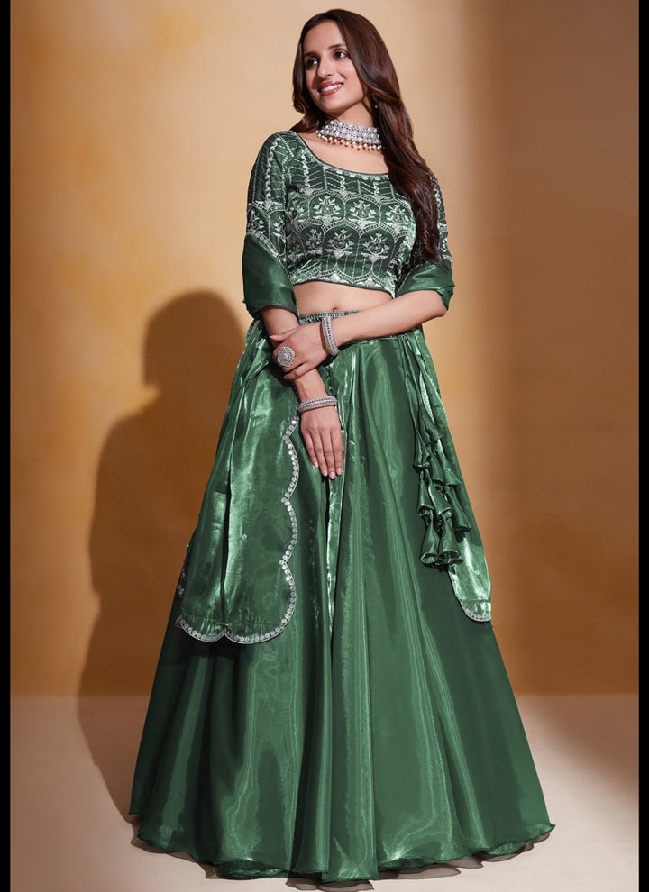 Bottle Green Elegant Organza Silk Wedding Lehenga Set