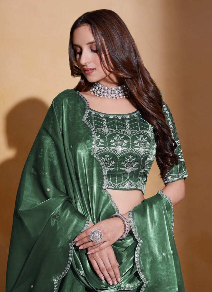 Bottle Green Elegant Organza Silk Wedding Lehenga Set