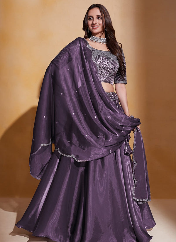 Purple Elegant Organza Silk Wedding Lehenga Set