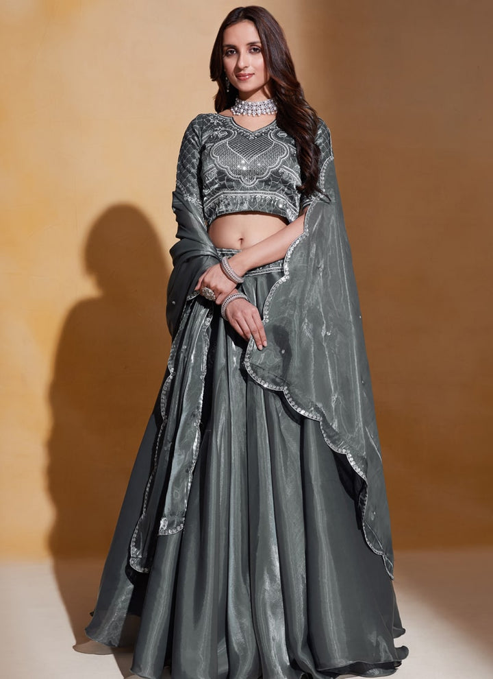 Flint Gray Elegant Organza Silk Wedding Lehenga Set