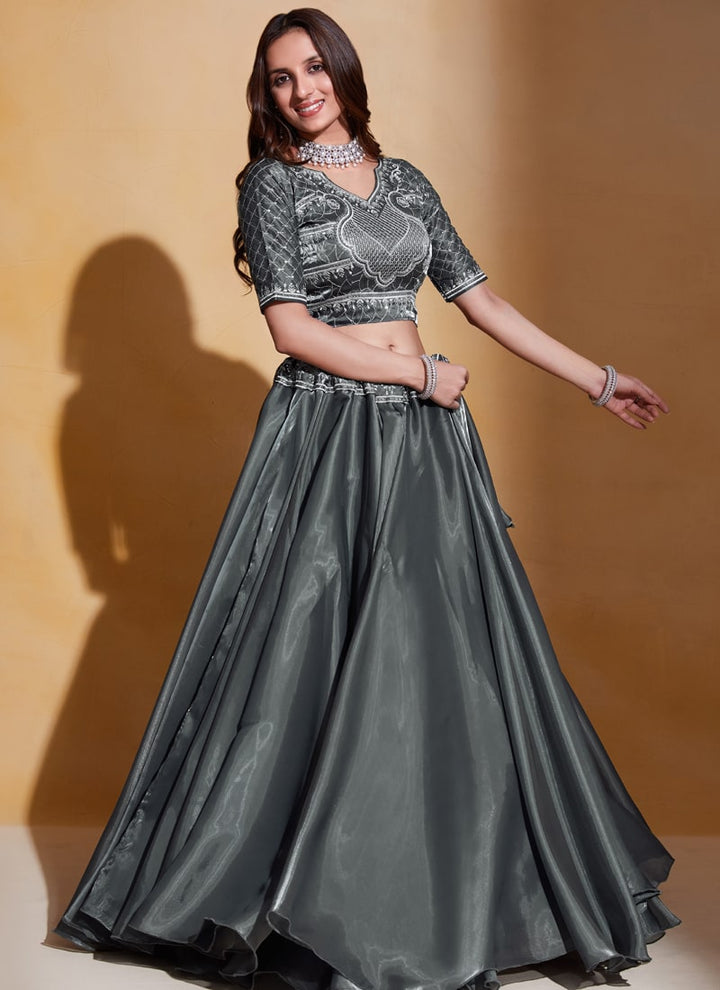 Flint Gray Elegant Organza Silk Wedding Lehenga Set