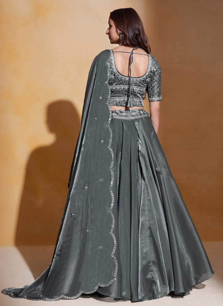 Flint Gray Elegant Organza Silk Wedding Lehenga Set