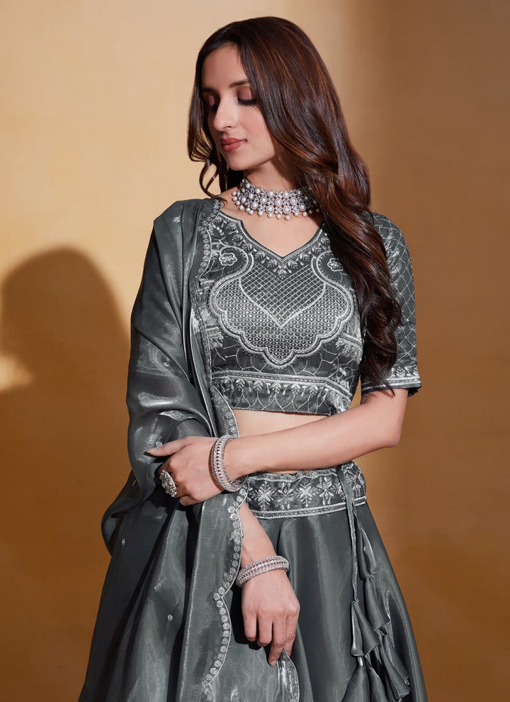 Flint Gray Elegant Organza Silk Wedding Lehenga Set