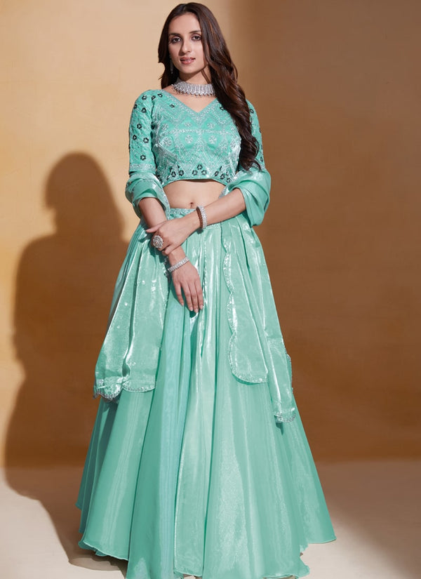 Sea Green Elegant Organza Silk Wedding Lehenga Set