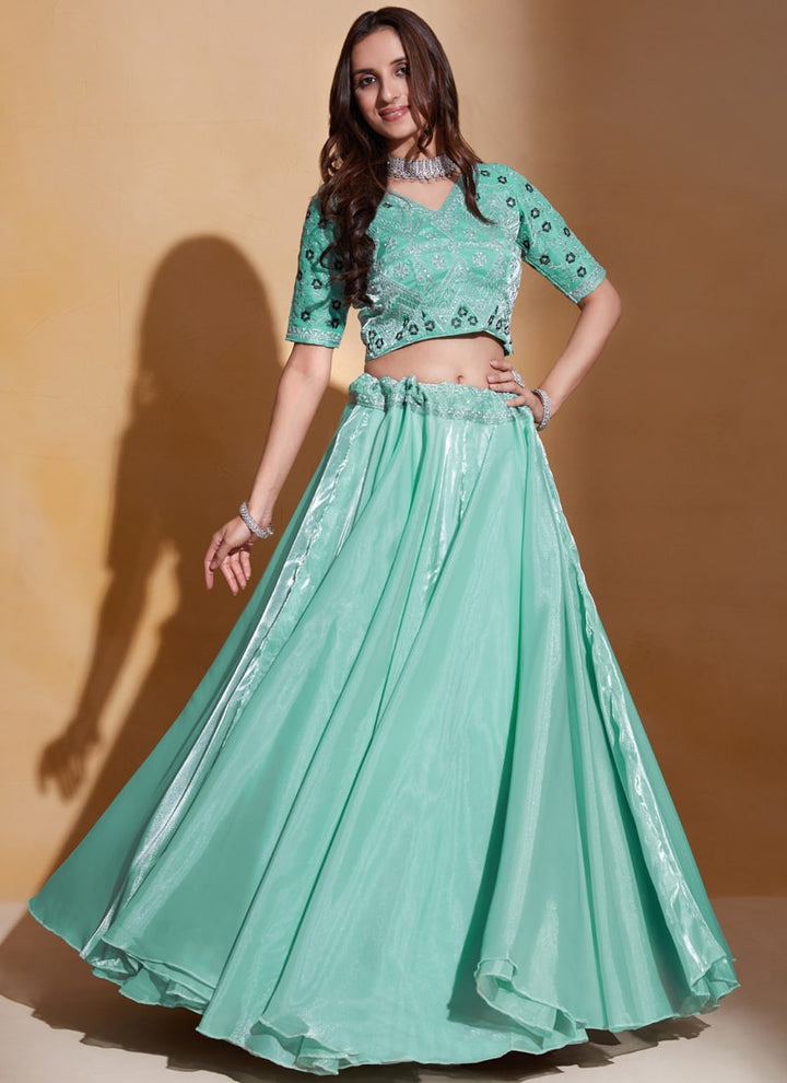 Sea Green Elegant Organza Silk Wedding Lehenga Set