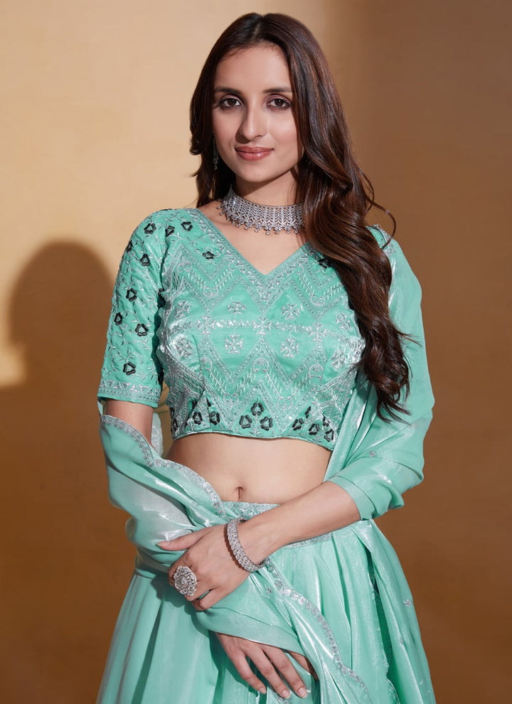 Sea Green Elegant Organza Silk Wedding Lehenga Set