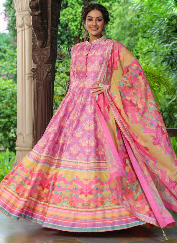 Rose Pink Designer Gown Exclusive in Killer Silk with Digital Print
