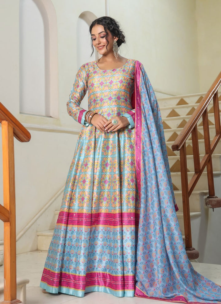 Sky Blue Designer Gown Exclusive in Killer Silk with Digital Print