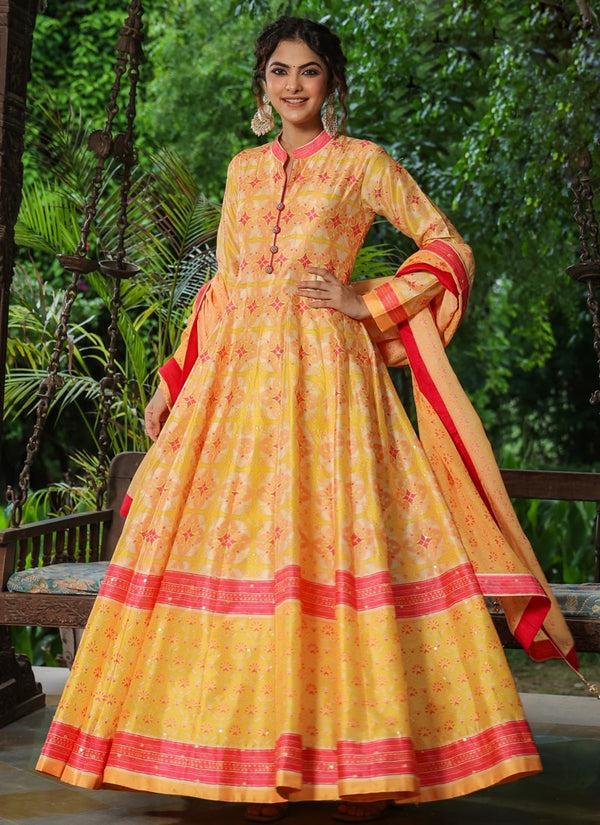 Mango Orange Designer Gown Exclusive in Killer Silk with Digital Print