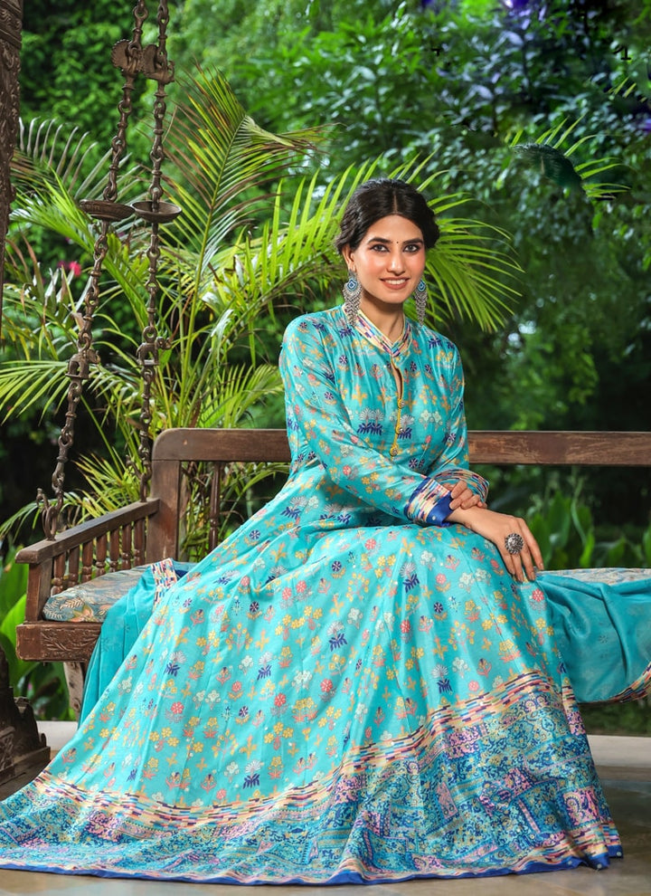 Turquoise Blue Designer Gown Exclusive in Killer Silk with Digital Print