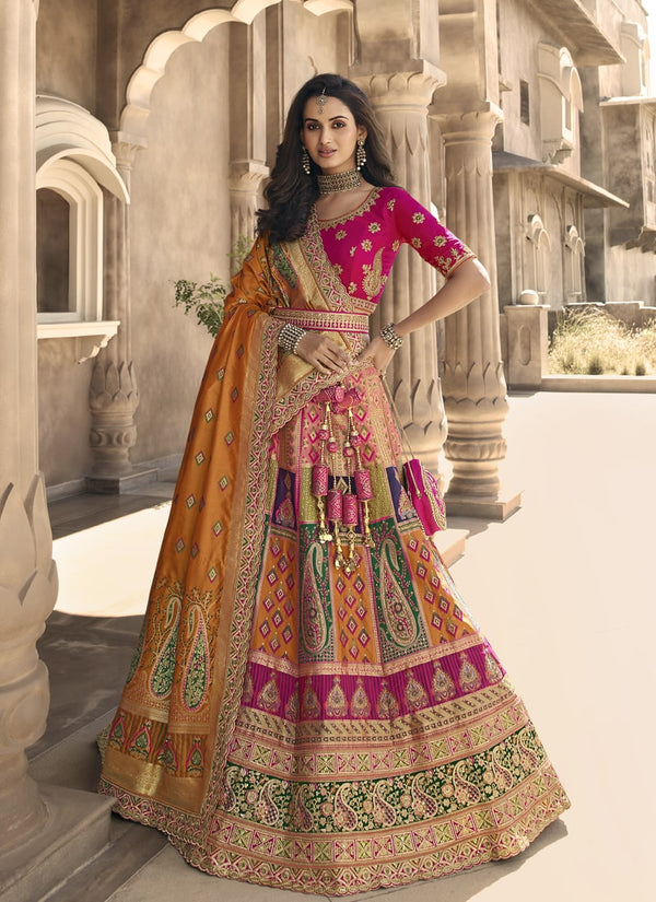Rose Pink & Mustard Color Wedding Special Banarasi Silk Lehenga Choli