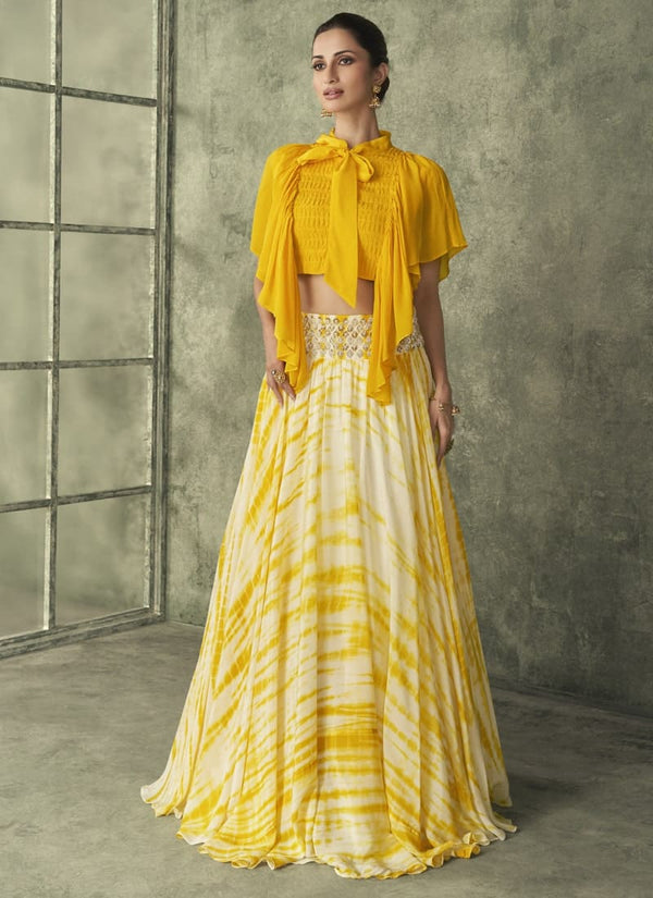 Canary Yellow Chic Indo Western Tie-Dyed Crop Top, Skirt, and Cape Jacket Ensemble