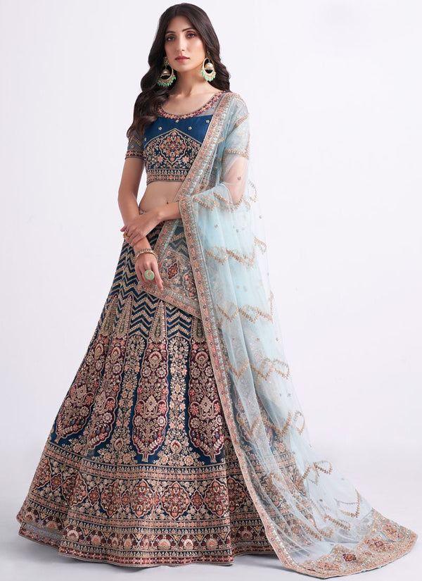 Charming Persian Blue Thread Embroidery Net With Silk Inner Designer Lehenga Choli