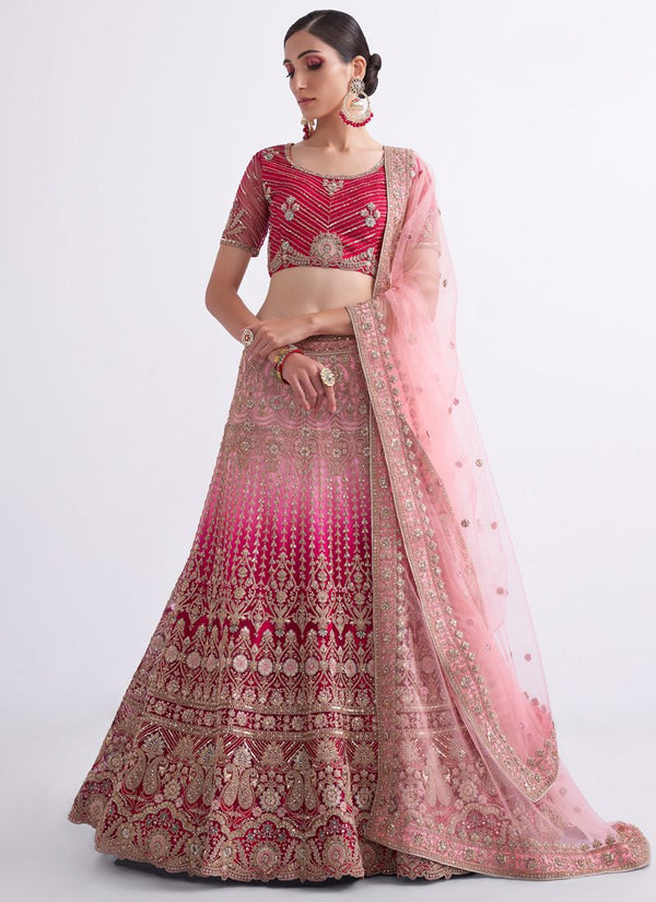 Charming Shaded Pink Thread Embroidery Net With Silk Inner Designer Lehenga Choli
