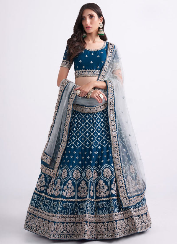 Charming Cobalt Blue Thread Embroidery Silky Georgette Designer Lehenga Choli
