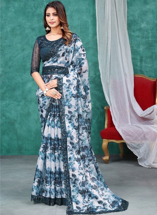 Floral Printed Jimmy Silk Saree with Blue Color Blouse