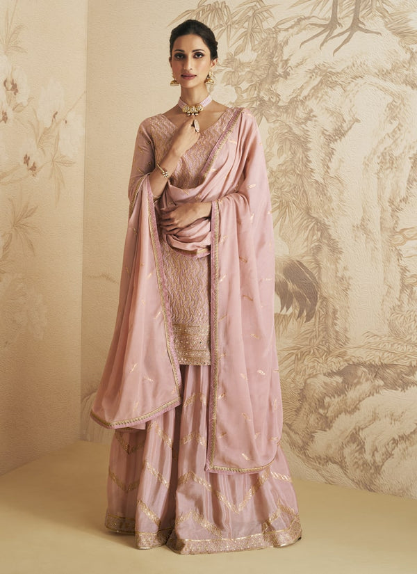 Crepe Pink Color Embroidered work designer Sharara Suit