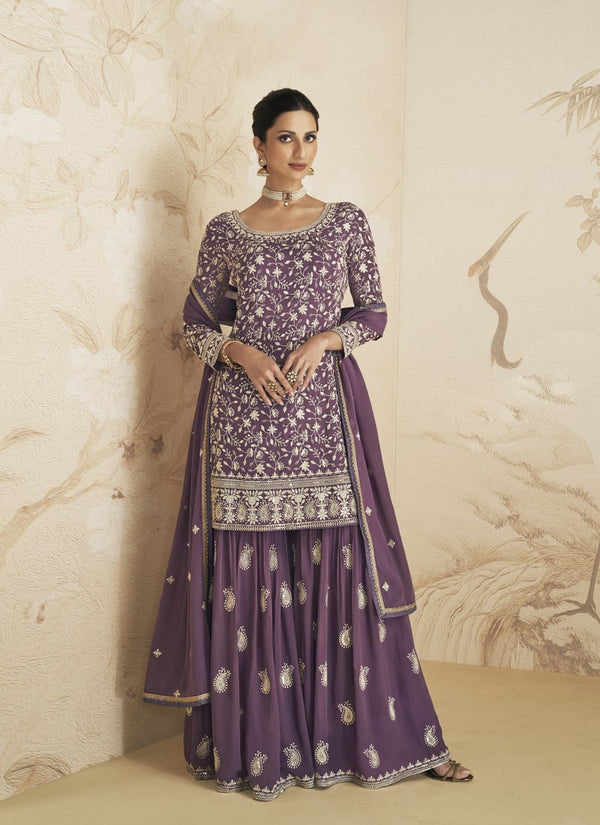 Mauve Purple Color Embroidered work designer Sharara Suit