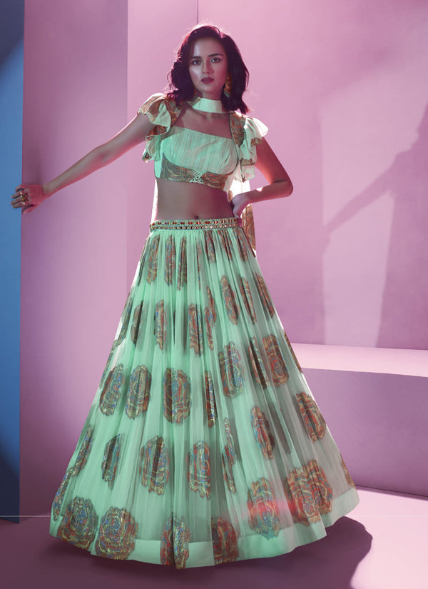 Lassya Fashion's Aqua Green Designer Digital Print & Hand Work Lehenga Choli